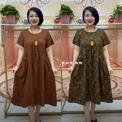 中老年女夏装棉麻连衣裙中长款过膝加肥大码宽松胖妈妈褶肚子裙子