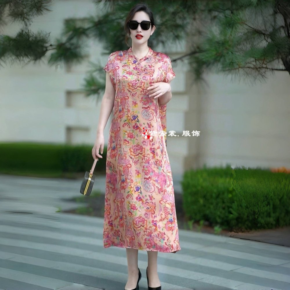 高端气质长裙夏季短袖中式盘扣宽松大码改良旗袍洋气妈妈装连衣裙