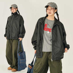 日系复古水洗皮衣女中性bf宽松显瘦插肩袖 短外套 立领字母印花个性