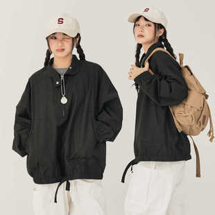 HASU 日系复古纯色立领半拉链套头工装外套女中性bf宽松显瘦夹克