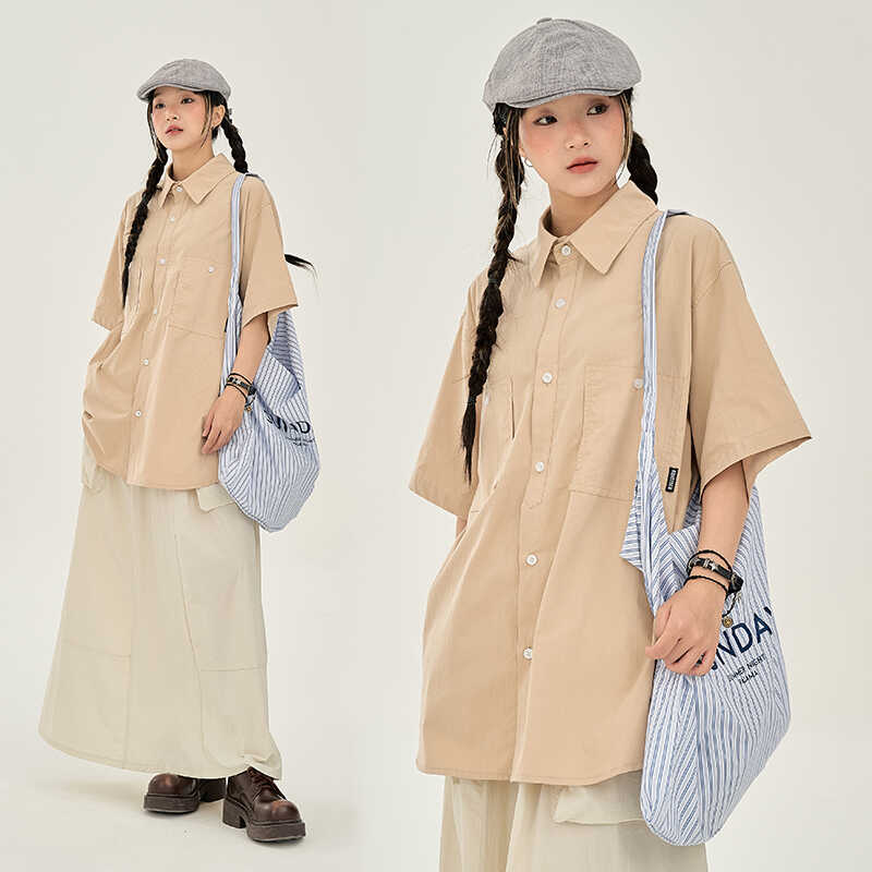 日系纯色短袖宽松显瘦简约衬衣