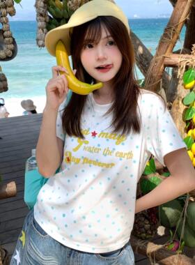 GTGA 美式波点字母印花短袖T恤女款2026新款夏季正肩多巴胺上衣
