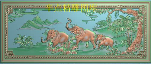 山水象灰度浮雕电脑雕刻图大象床背板精品椰子树木雕精雕图动物云