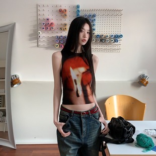 歐美女裝 新款 人圓領(lǐng)無袖 露臍印花短上衣 夏季