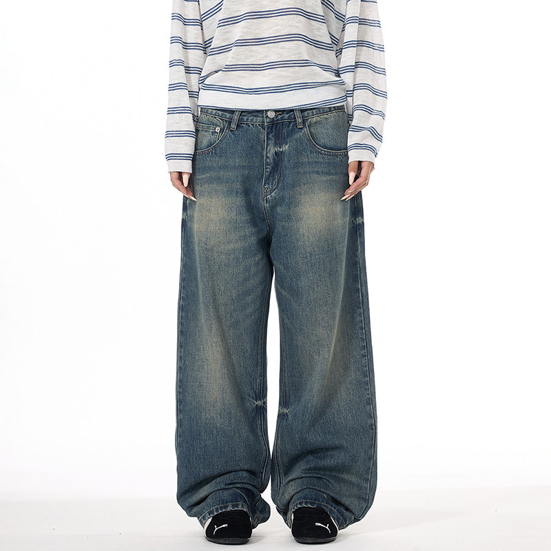 美式复古怀旧蓝阔腿牛仔裤男士春秋季港风学生宽松直筒长裤休闲裤,男装,牛仔裤,淘宝优惠券,粉丝福利购,淘宝优惠卷