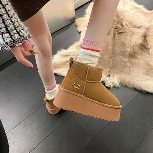厚底内增高雪地靴女款2025新款冬季加绒加厚短筒皮面防水雪地棉鞋
