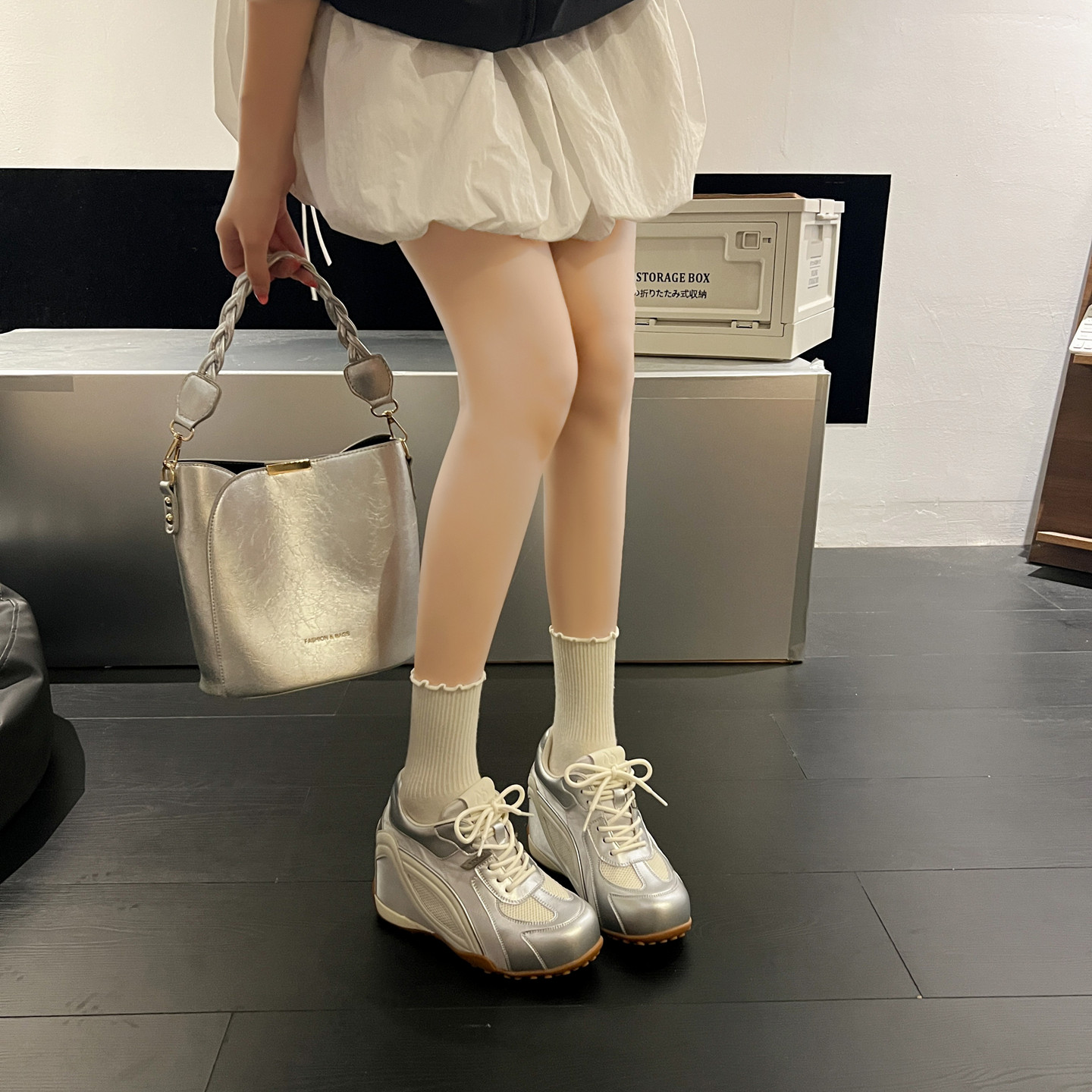 8CM内增高德训鞋女2026秋季新款银色巨好看小个子厚底休闲运动鞋