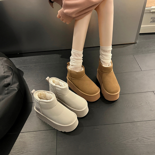 厚底内增高雪地靴女款2025新款冬季加绒加厚短筒皮面防水雪地棉鞋