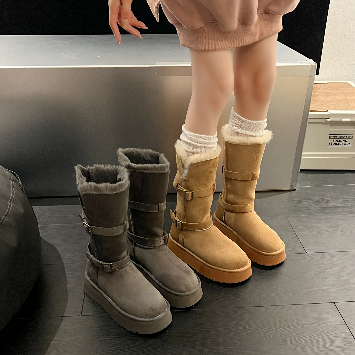 厚底加绒加厚保暖中长筒雪地靴女2025冬季新款毛毛翻边高筒棉鞋子