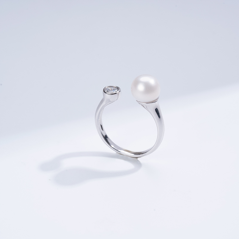 红桥市场 红桥珍珠  一念 淡水珍珠开口戒指可调节8-9mm合金