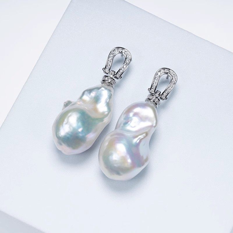 红桥珍珠 淡水爱迪生珍珠银白色马蹄扣巴洛克耳钩