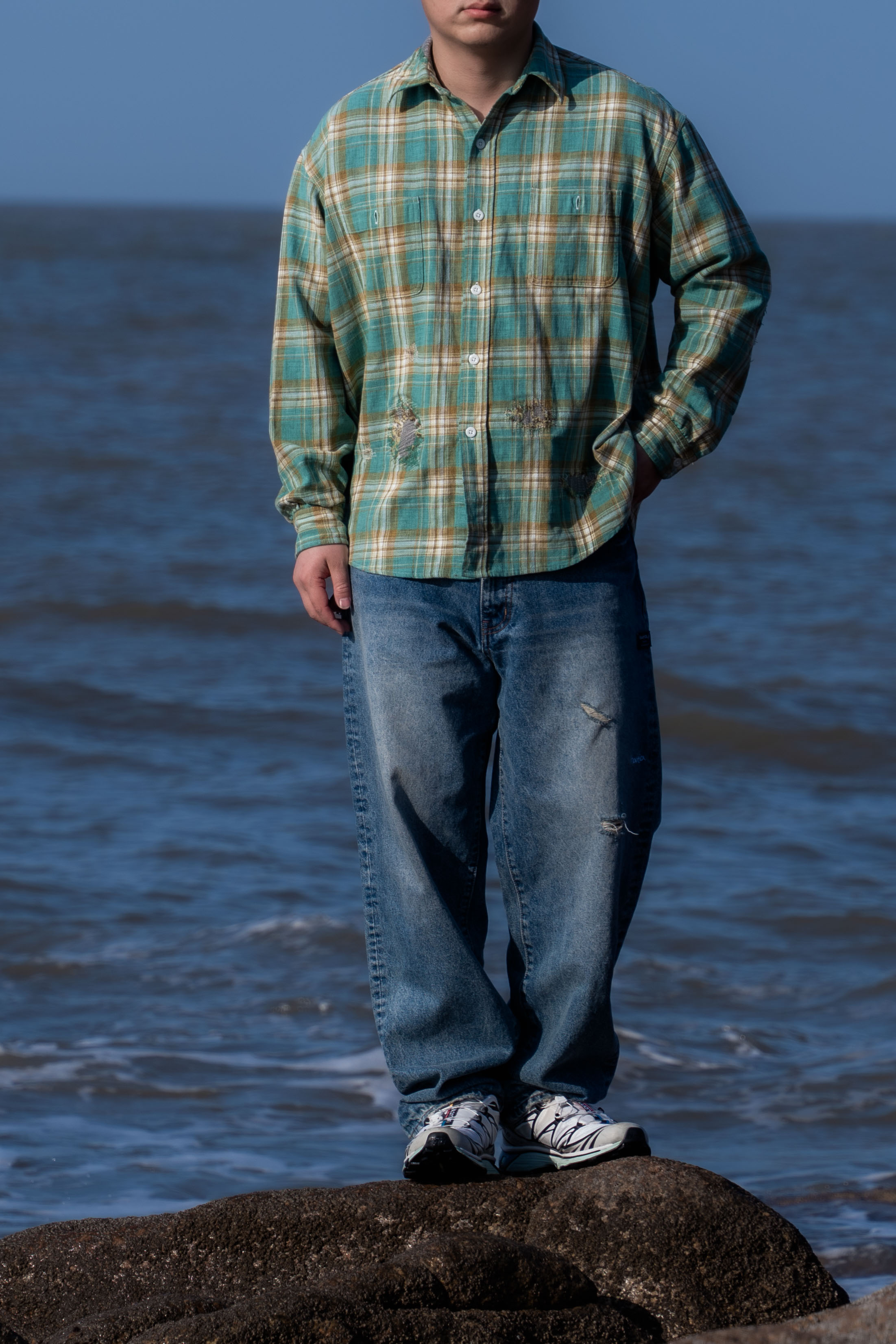 破洞做旧斜纹百搭bowwow风格衬衫