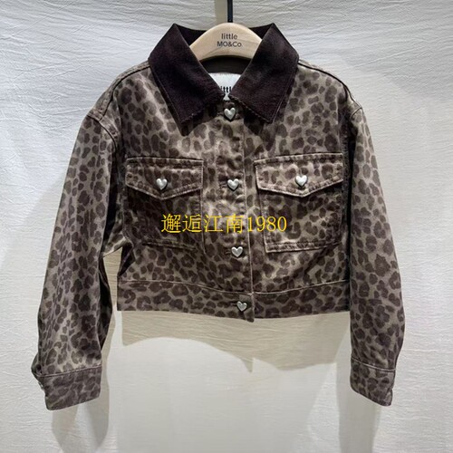 little moco专柜正品25年秋女童豹纹印花牛仔短款外套KBE3JKT028