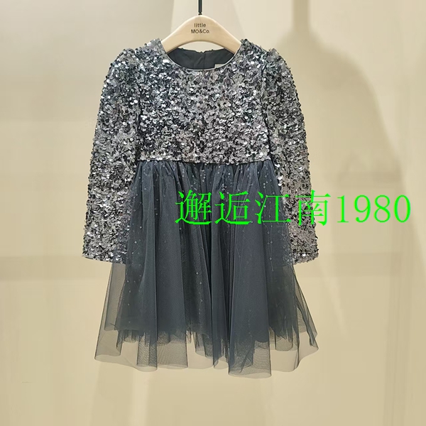 littlemoco专柜正品25年冬款女童珠片绣网纱长袖连衣裙KBE4DRS017