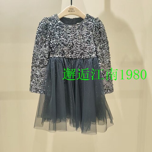 little moco童装25年冬款女童珠片绣网纱长袖连衣裙KBE4DRS017