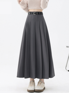 灰色百褶西装裙女春秋半身裙高腰休闲大摆a字秋冬毛呢过膝中长裙
