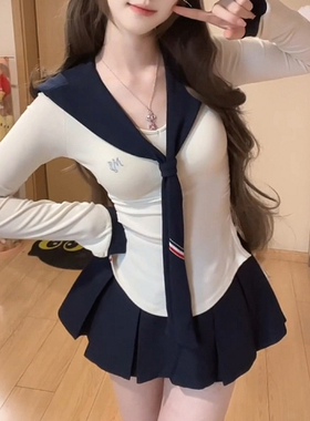 学院风辣妹套装女秋季新款t恤上衣百褶半身短裙小个子穿搭两件套