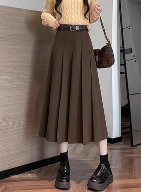 美拉德咖色毛呢半身裙女秋冬新款西装百褶裙半身长裙子伯克利半裙