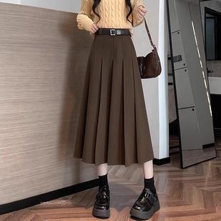 美拉德咖色毛呢半身裙女秋冬新款西装百褶裙半身长裙子伯克利半裙