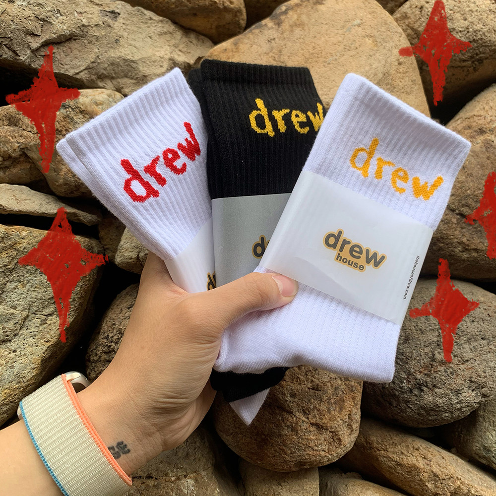 春夏新品薄款潮牌DREW字母涂鸦袜子配 洞洞鞋比伯联名滑板堆堆袜