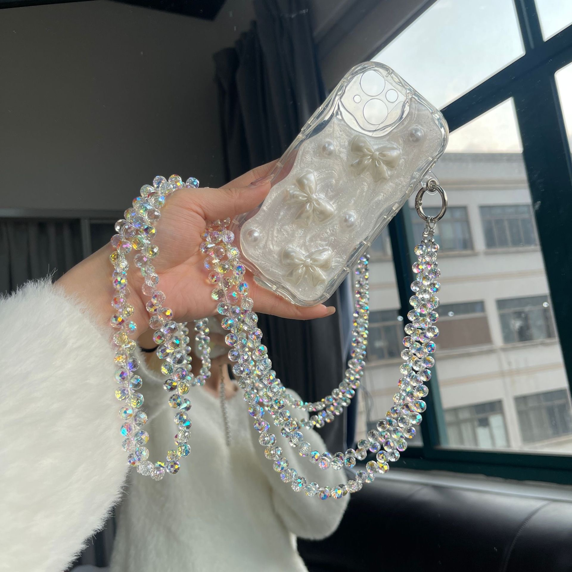 原创奢华高级感水钻宝石珠子链纯手工手机ccd挂绳挂脖链条莫兰迪斜挎包链条手提手腕短手机壳包包钥匙扣挂件