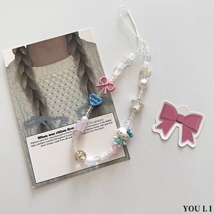 蓝爱心kitty猫手机链手机手腕挂绳ccd相机挂件高级感挂链珠串链绳