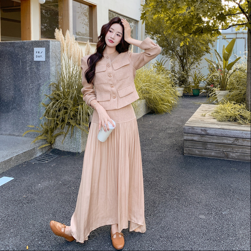 秋季新品2026秋小香风外套拼接百褶裙套装p215k328