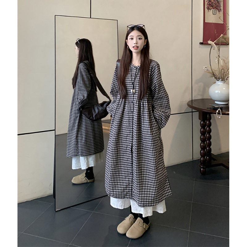 日系格子长袖衬衫裙女秋