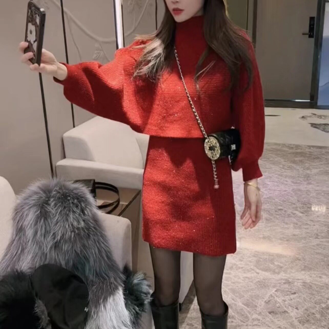 韩国秋冬法式高领披肩灯笼袖毛衣针织连衣裙两件套女