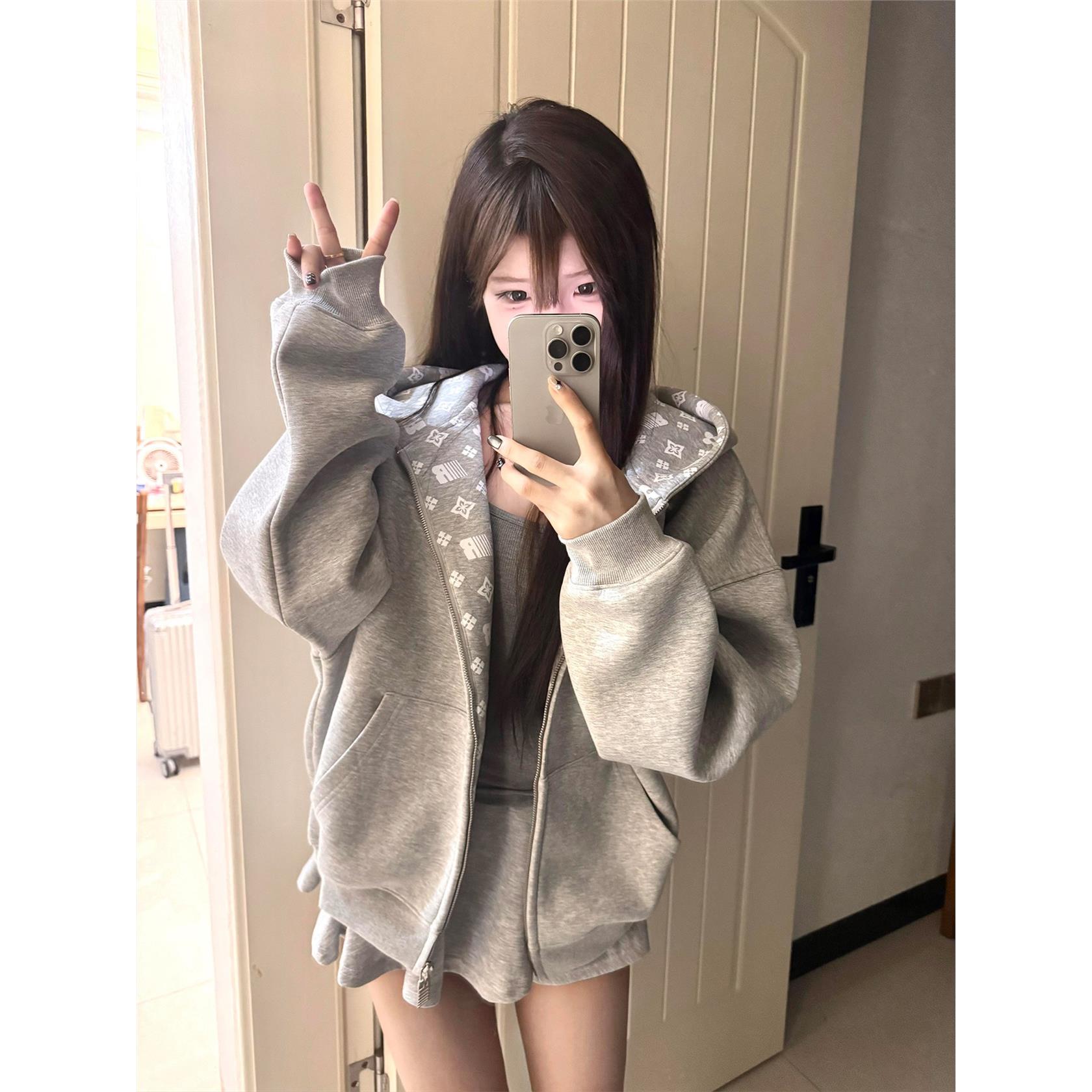 美式复古韩系连帽印花卫
