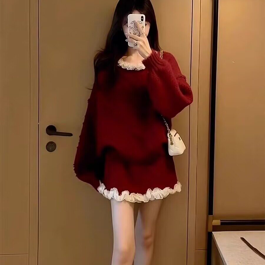 韩系杏色毛衣套装女2025新款深冬穿搭一整套针织上衣半身裙两件套