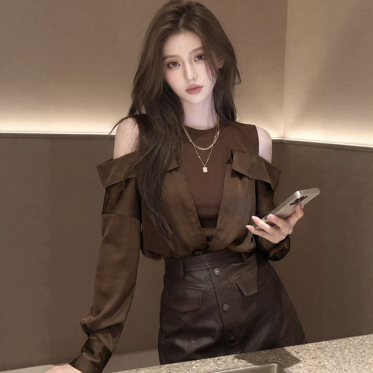 2026秋季新款时尚女装秋装女款上新拼接露肩圆领长袖衬衫气质上衣