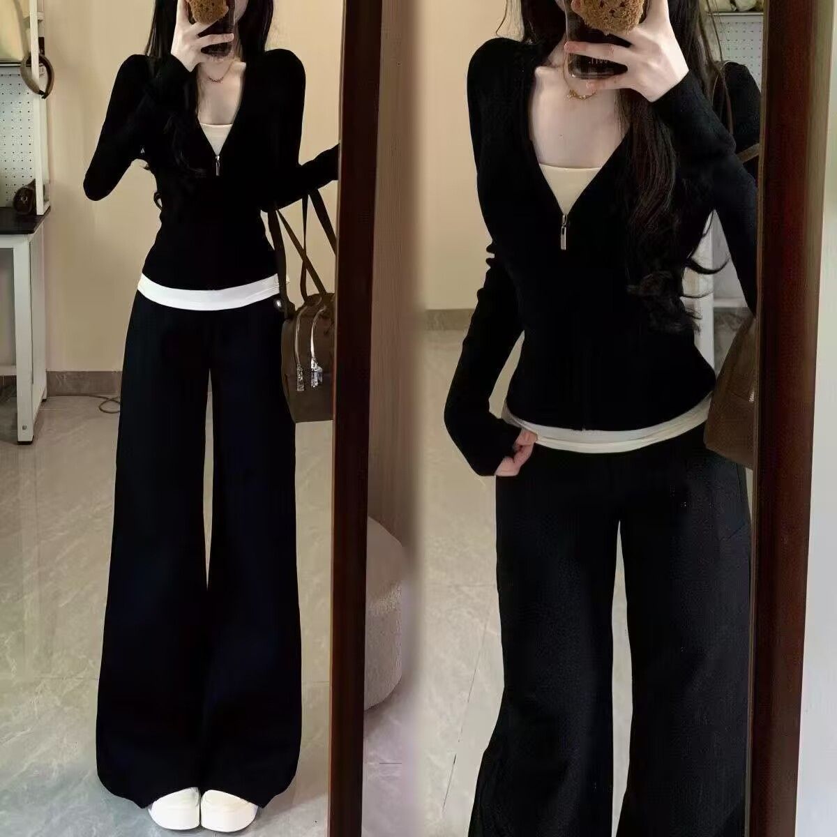 假两件修身上衣套装女秋季韩版时尚显瘦宽松阔腿裤休闲运动两件套