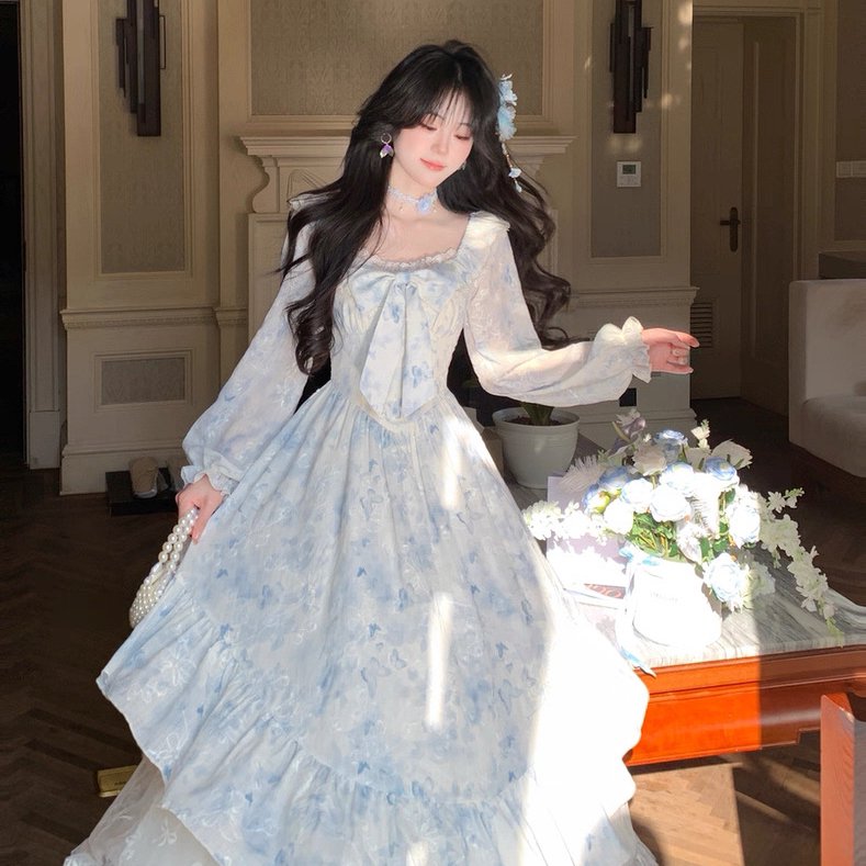 2026秋季新款 蓝铃秘境 印花拼接蕾丝大摆显瘦少女连衣裙