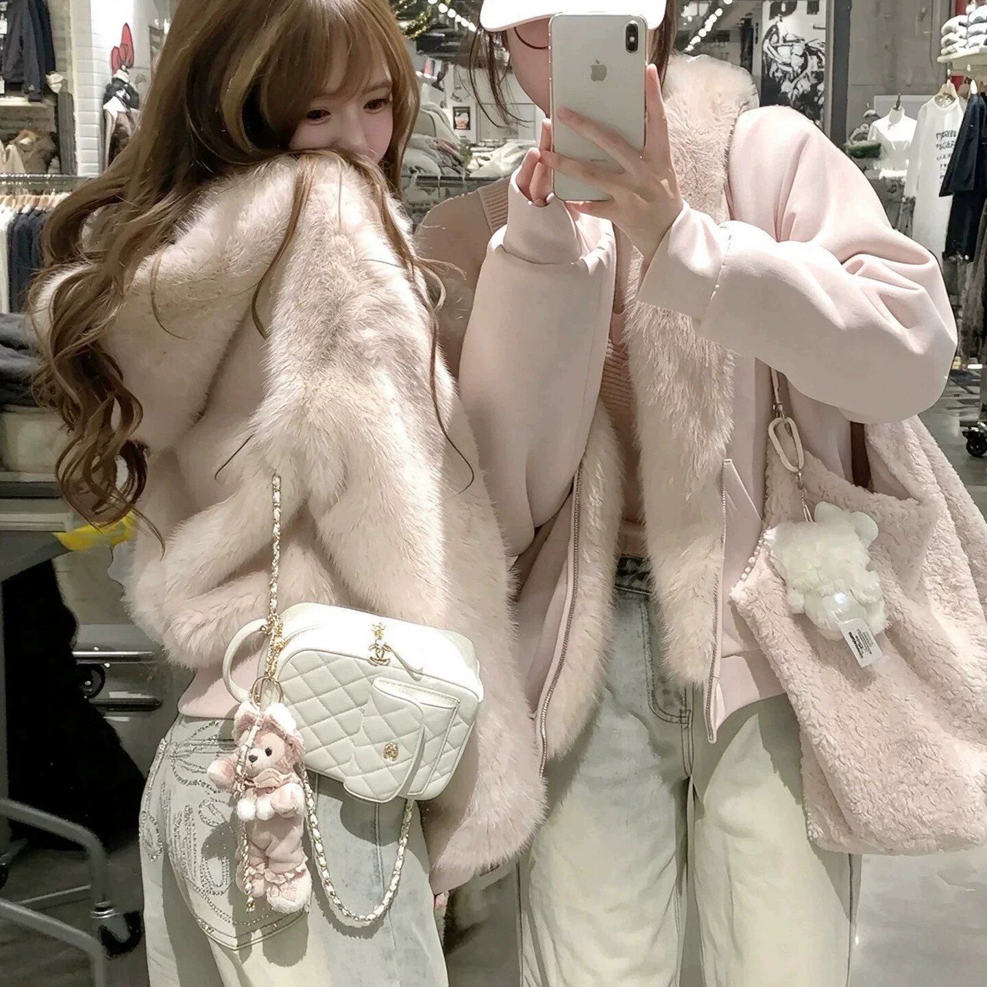韩系两面穿卫衣毛毛外套女冬季新款加绒加厚棉服座山雕派克服棉衣
