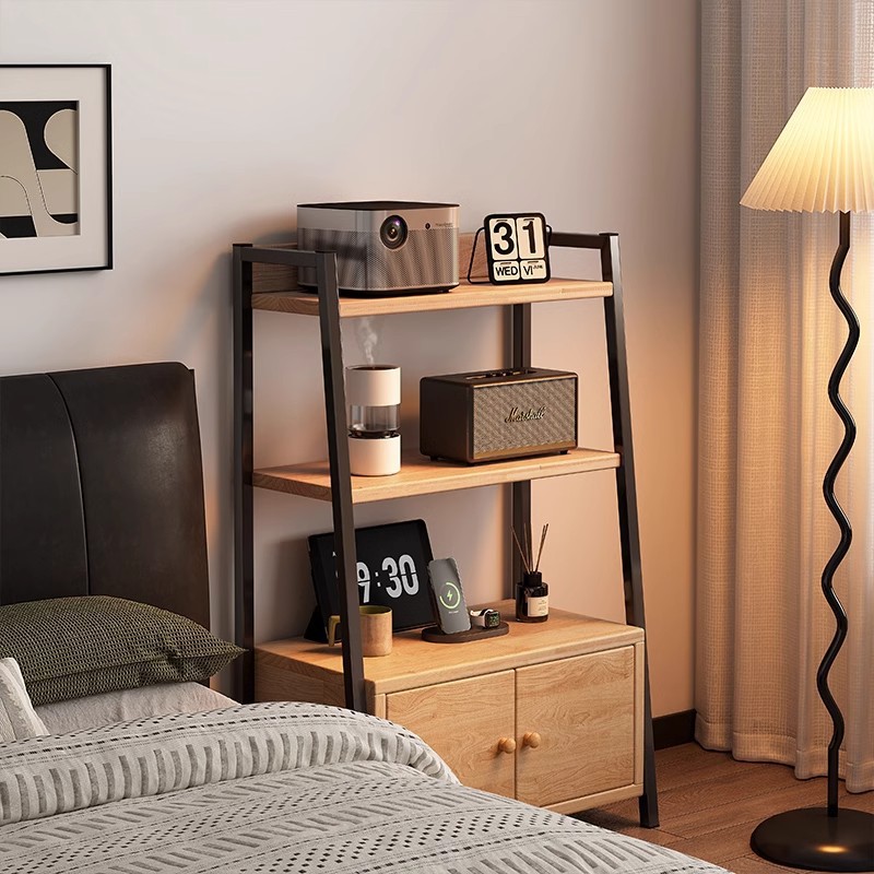 梯形置物架落地带柜门实木板卧室床头角落客厅展示架小型储物柜子
