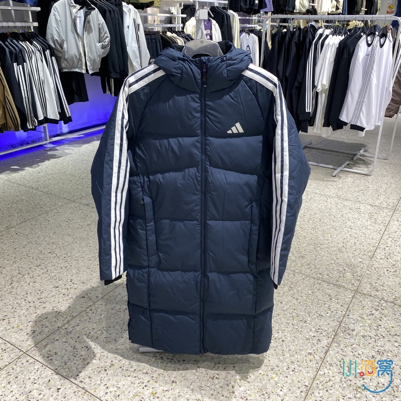 冬正品新款ADIDAS阿迪达斯三条纹连帽男休闲中长款羽绒服KC2499
