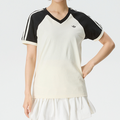 正品ADIDAS阿迪达斯三叶草简约纯棉女运动休闲V领短袖T恤KF0316