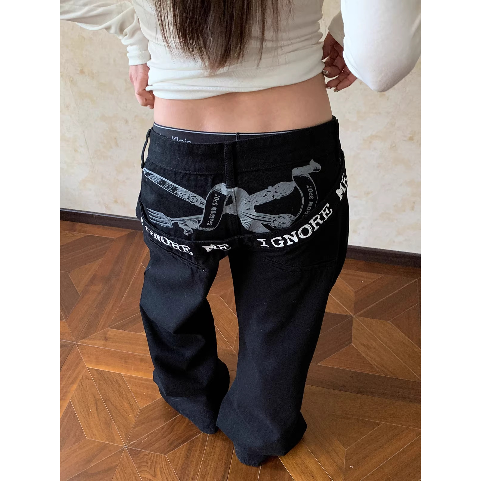 美式复古个性标语字母廓形拼接牛仔裤女辣妹宽松bf慵懒风弯刀裤潮