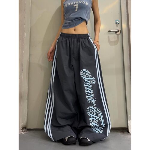 美式复古hiphop灰色休闲裤女爵士jazz跳舞裤直筒阔腿宽松运动长裤
