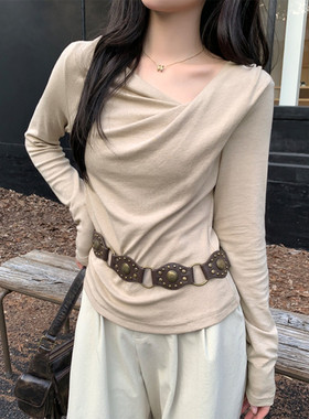 法式别致荡领扭褶斜领显瘦长袖针织衫女初秋温柔风韩系设计感上衣