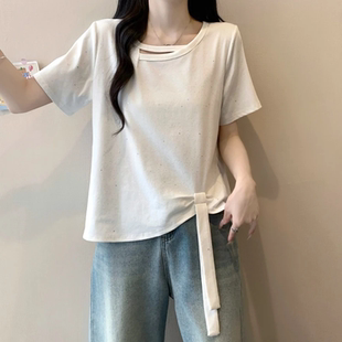 人棉260克/撒银 春夏季新款大码不规则下摆圆领短袖T恤衫宽松上衣