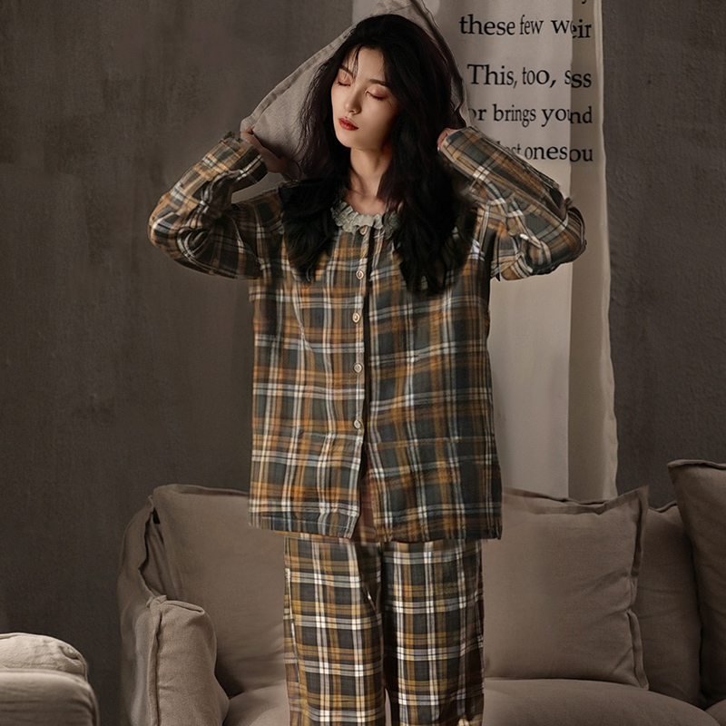 睡衣女款四季通用长袖梭织格子圆领开衫田园风春秋家居服甜美夏天