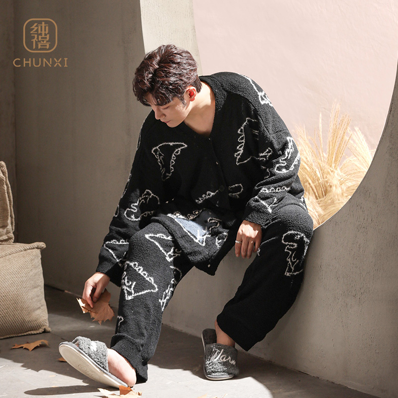 纯禧珊瑚绒睡衣男冬季加绒保暖家居服设计师款大码加厚半边绒套装