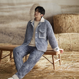 男士睡衣冬季三层夹棉加绒加厚款可外穿男款特厚珊瑚绒家居服套装