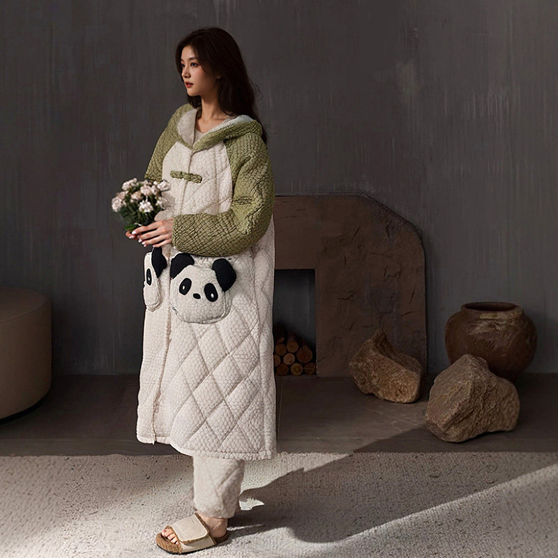 睡袍夹棉珊瑚绒女士冬季保暖加厚加绒睡衣浴袍家居服长款卡通套装