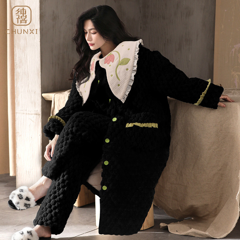 牛奶绒睡袍女冬季三层夹棉加绒加厚中长款高个子黑色家居服可外穿