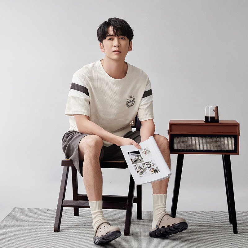 男士睡衣夏季纯棉薄款圆领短袖青少年宽松休闲简约春秋短裤家居服