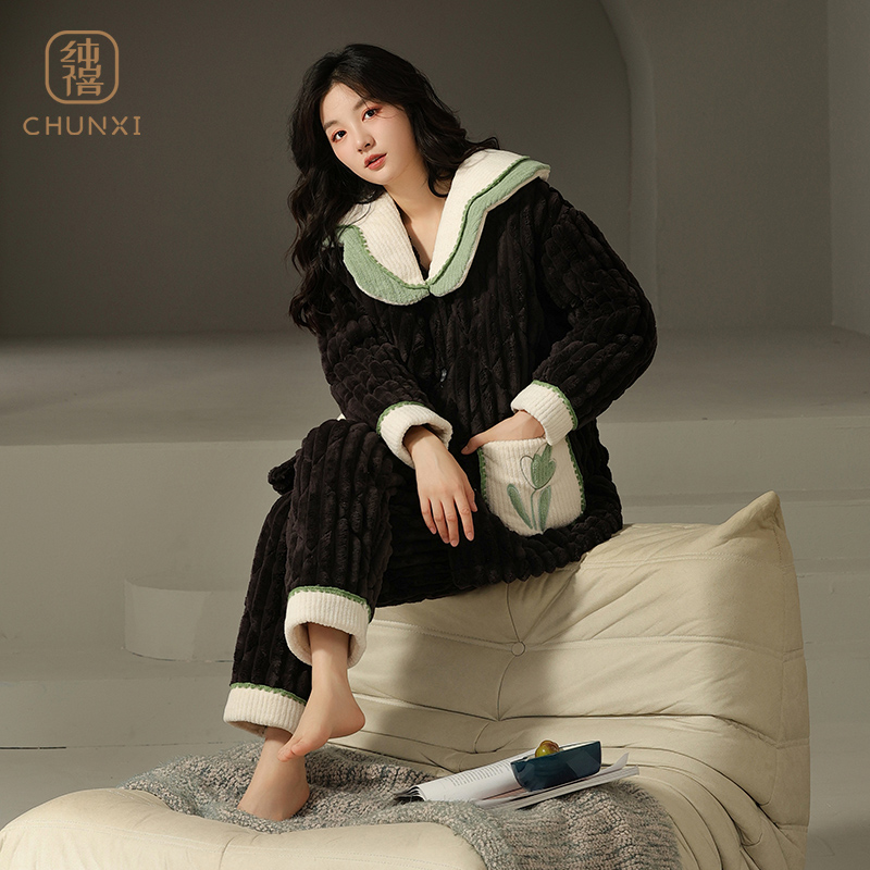 冬季珊瑚绒睡衣女三层夹棉加绒