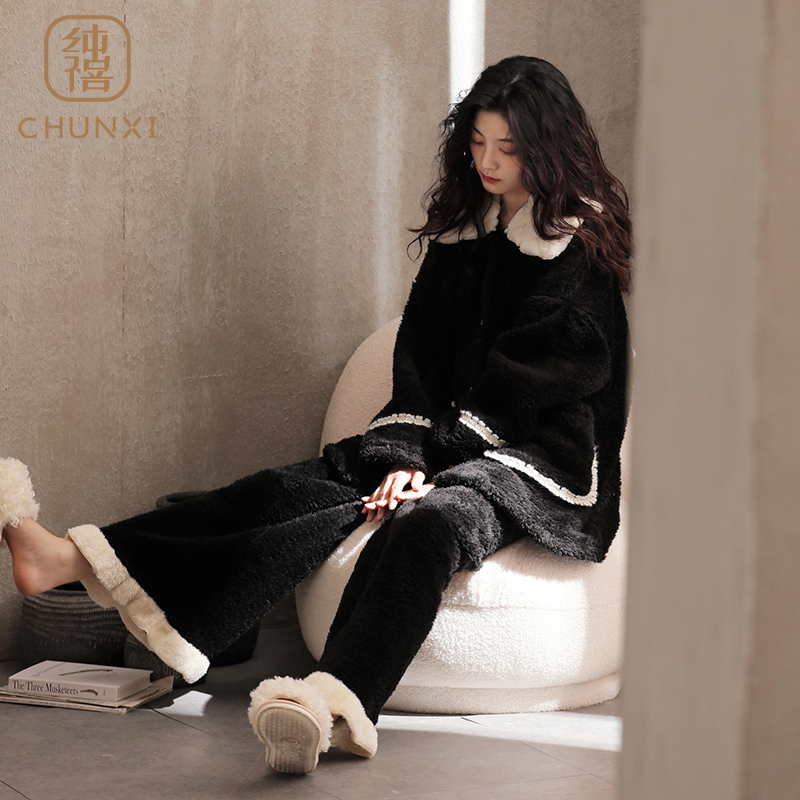 保暖冬季珊瑚绒睡衣女加绒加厚